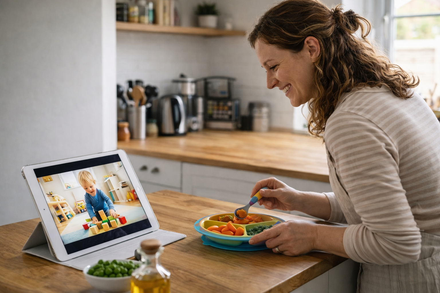 Mother in kitchen checking on child via Omi