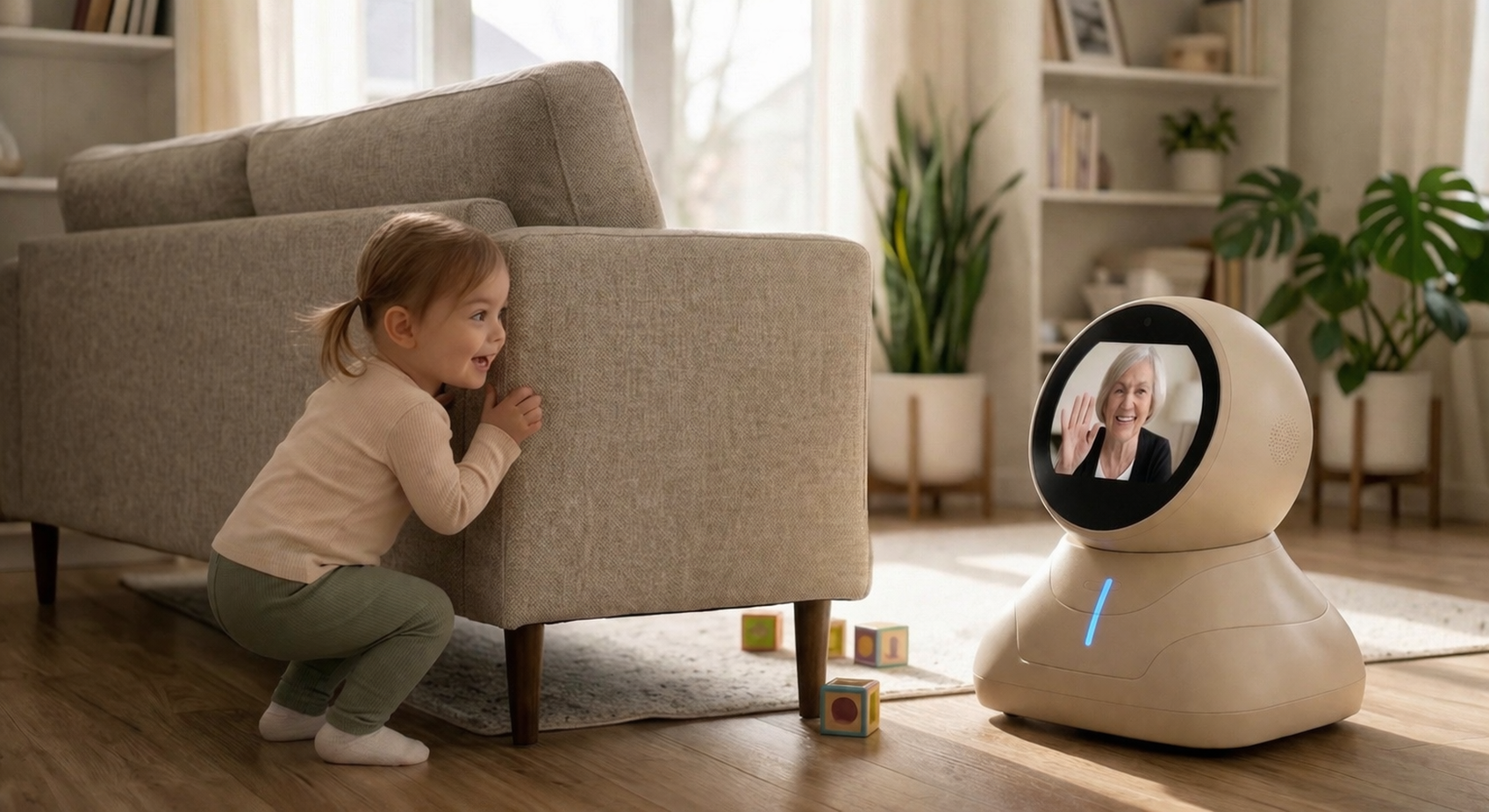 Toddler playing peek-a-boo with Omi showing grandmother on screen