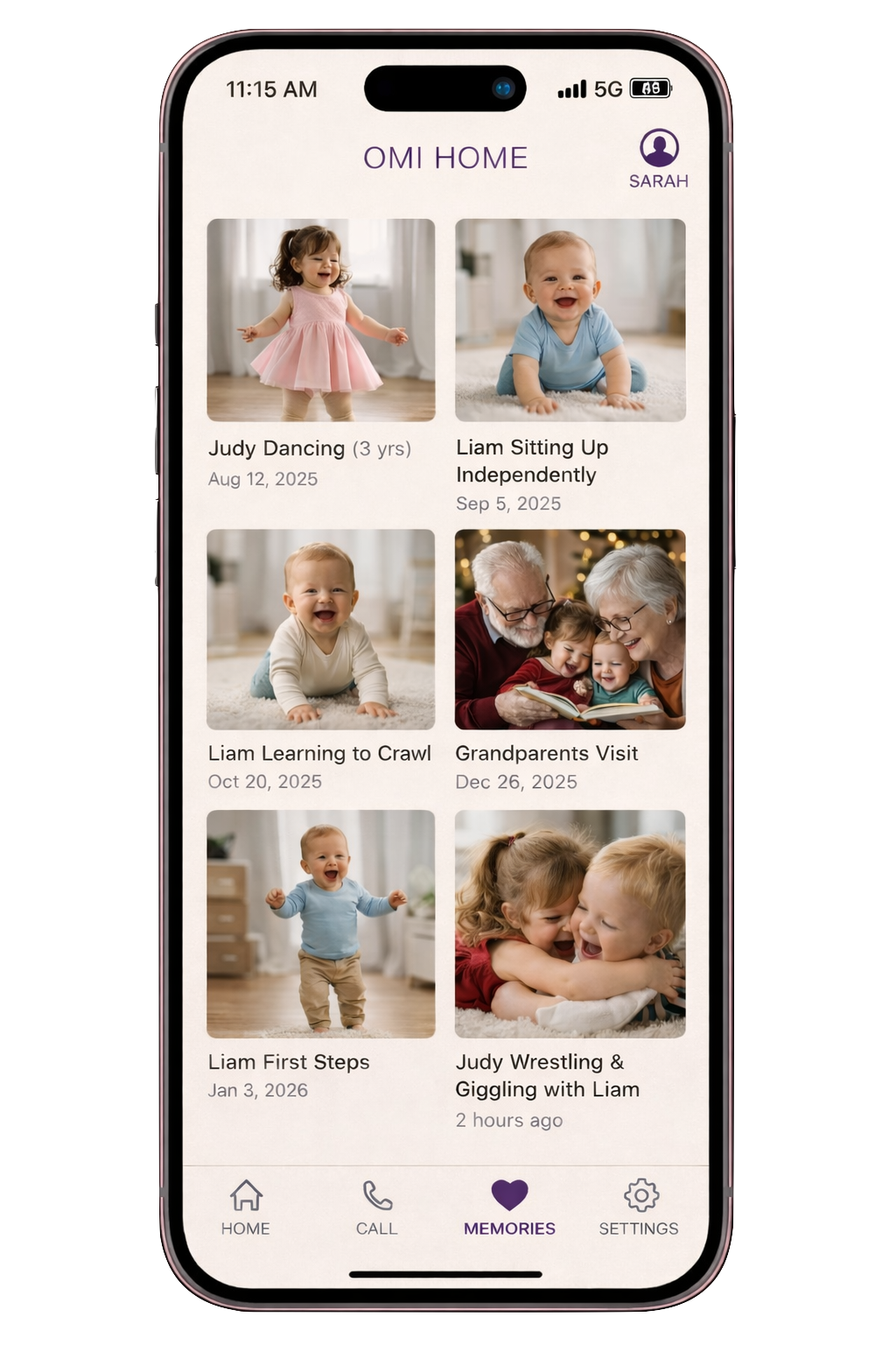 Omi app gallery showing captured childhood milestones